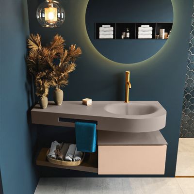 MONDIAZ RIVA 120cm badmeubel onderkast / planchet kleur Rosee met 1 lade. Wastafel DULCET rechts 1 kraangat kleur Smoke. MONDIAZ RIVA 120cm badmeubel onderkast / planchet kleur Rosee met 1 lade. Wastafel DULCET rechts 1 kraangat kleur Smoke.