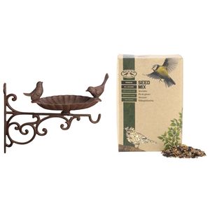 Wand vogelbad/voederschaal gietijzer 28 cm met 2.5 kilo vogelvoer