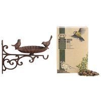 Wand vogelbad/voederschaal gietijzer 28 cm met 2.5 kilo vogelvoer