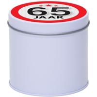 Cadeau koek of snoep blik - met 65 jaar opdruk sticker - 10 x 10 cm - Cadeauverpakking verjaardag