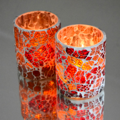 Waxinehouder mozaiek cilinder - Crackled glass - rood/oranje