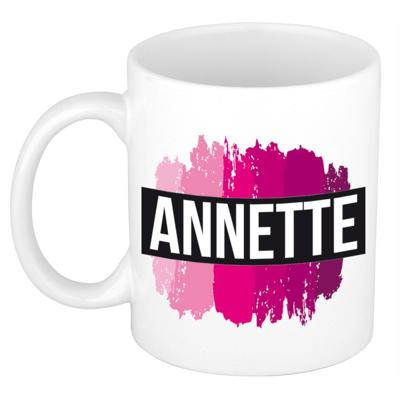 Annette naam cadeau koffie mok - beker - met roze verfstrepen - Cadeau collega - moederdag