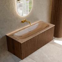 Badmeubel Mondiaz Kurve-Dlux | 110 cm | Meubelkleur Walnut | Wastafelkleur Arena | Solid surface | Wasbak midden spoelbak | Zonder kraangat(en)