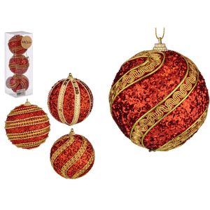 Gedecoreerde kerstballen - 3x stuks - rood/goud - kunststof - 8 cm