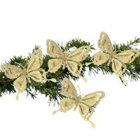 Kerstboomversiering Vlinder - 4x - 14 cm - goud glitter - op clip - ornament