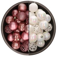 74x stuks kunststof kerstballen mix van parelmoer wit en oudroze 6 cm - Kerstbal