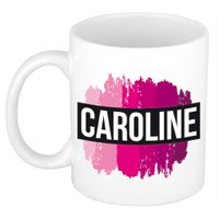 Naam cadeau mok / beker Caroline  met roze verfstrepen 300 ml   -