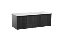 Balmani Forma zwevend badmeubel 135 x 55 cm zwart eiken met Tablo Arcato asymmetrisch rechtse wastafel in solid surface mat wit Verticale symmetrische rechte ribbel