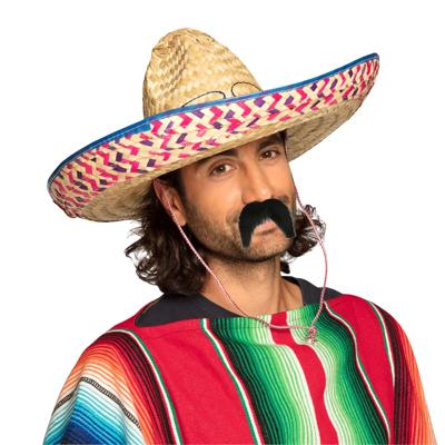 Mexicaan verkleed set - Mexicaanse sombrero hoed met plaksnor - gekleurd - heren - carnaval