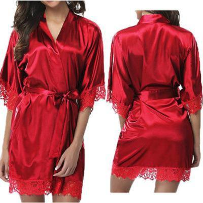 Halve mouw gewaad vrouwen faux Silk pyjama sexy nacht jurk maat: L (rood)