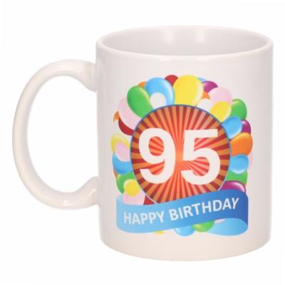 95 jaar Verjaardag koffiemok - cadeau beker - feestelijke ballonnen print - 300 ml - keramiek - wit