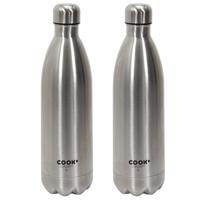 Travel drinkfles voor warme en koude dranken - 2x - zilver - roestvrij staal - schroefdop - 1000 ml