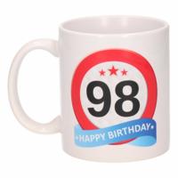 98 jaar Verjaardag koffiemok - cadeau beker - stopbord print - 300 ml - keramiek - wit