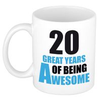 20 great years of being awesome cadeau mok / beker wit en blauw