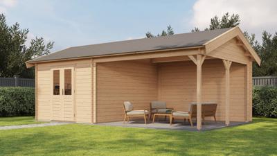 Lugarde Select Blokhut met overkapping Haaksbergen 300x400cm + 400cm - Onbehandeld- Zadeldak- - Lugarde Select
