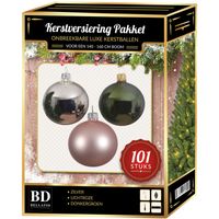 Zilver/lichtroze/donkergroen Kerstversiering voor 150 cm boom 101-delig   - - thumbnail