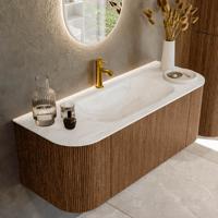 Mondiaz KURVE-DLUX 120 cm Onderkast Greeploos 1 Lade Met Deuren Walnut, Wastafel Solid Surface Midden Ostra 1 Kraangat Zonder Spiegel (KRVBGS120L+R1L2D1KM-Wal/Ost)