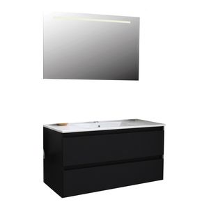 Badkamermeubel BWS Pepper Wastafel Porselein Incl Spiegel Met LED Verlichting En Kraangat 100x55x46 cm Mat Zwart