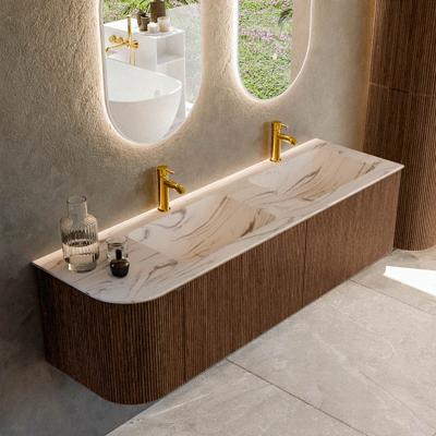 Badmeubel Mondiaz Kurve-Dlux | 155 cm | Meubelkleur Walnut | Wastafelkleur Nata | Solid surface | Dubbel / Rechts spoelbak | 2 kraangaten
