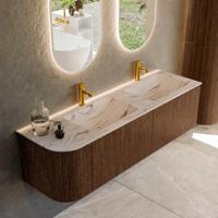 Badmeubel Mondiaz Kurve-Dlux | 155 cm | Meubelkleur Walnut | Wastafelkleur Nata | Solid surface | Dubbel / Rechts spoelbak | 2 kraangaten