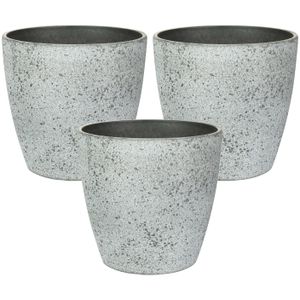 Bloempot/plantenpot - 3x - buiten - betongrijs - D19 en H15 cm - kunststof/steenmix