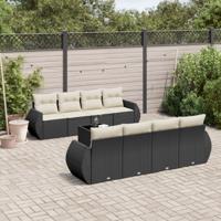9-delige Loungeset met kussens poly rattan zwart