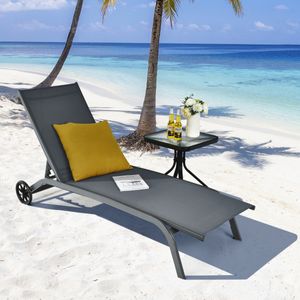 Verstelbare Ligstoel Patio Ligstoel met Soepele Wielen en Sneldrogende Stof Buiten 6-Standen Relaxfauteuil voor Achtertuin Tuin Grijs