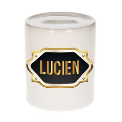 Naam cadeau spaarpot Lucien met gouden embleem Naam cadeau spaarpot Lucien met gouden embleem