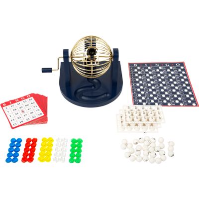 Bingo spel blauw/goud/wit complete set 21 cm nummers 1-75 met molen/167x bingokaarten/2x markers