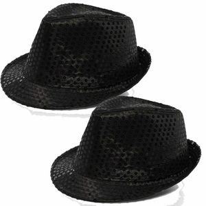 Trilby hoed met pailletten - 2x - zwart - polyester - glitter