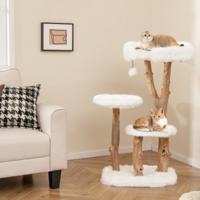 110 cm Krabpaal van Hout Kattenboom met Pluche Zitoppervlak en 2 Platforms & Speelbal Kattentoren met Krabpalen van Jute Wit