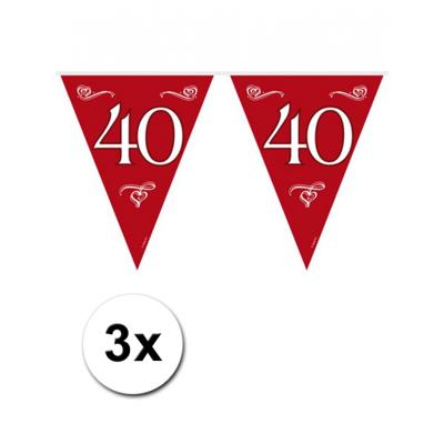 Vlaggenlijnen 40 jaar - 3x - rood - 10 meter - plastic - 40e jubileum slingers - versiering