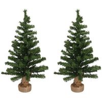 2x Mini kunst kerstbomen in jute zak met licht 75 cm   -