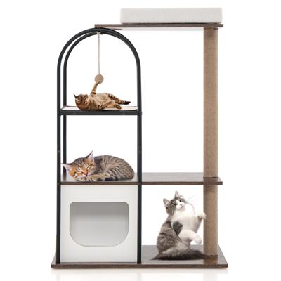 118 cm Hoge Klimrek voor Katten met Metalen Frame Kattenbed Jute Krabpalen Sisalplank Hangende Bal Klimmeubels voor Katten Bruin