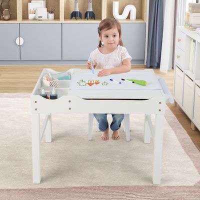 2-In-1 Kindertafel met Omkeerbaar Tafelblad Speeltafel van Grenenhout met Zijstang en Papierrol Activiteitstafel voor Kinderen 3+ (Wit)