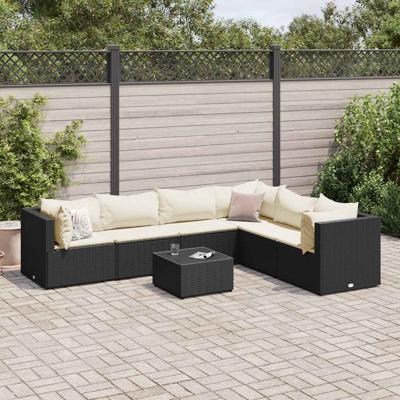 7-delige Loungeset met kussens poly rattan zwart