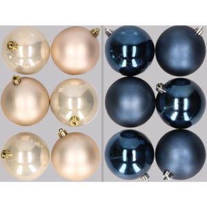 12x stuks kunststof kerstballen mix van champagne en donkerblauw 8 cm