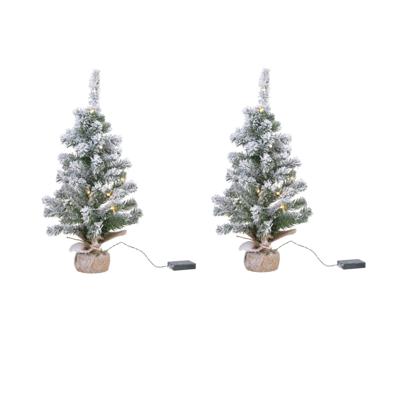 Everlands kleine kunst kerstboom - 2x stuks - H60 cm - met sneeuw en kerstverlichting - kunstboom