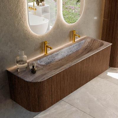 Badmeubel Mondiaz Kurve-Dlux | 145 cm | Meubelkleur Walnut | Wastafelkleur Oza | Solid surface | Wasbak rechter zijde spoelbak | 2 kraangaten
