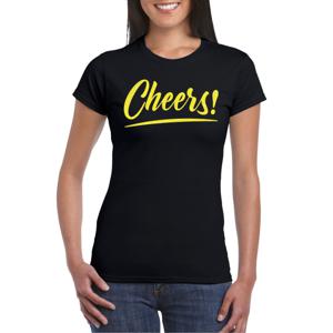 Verkleed T-shirt voor dames - cheers - zwart - geel glitter - carnaval/themafeest