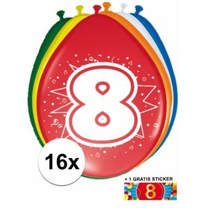 Versiering 8 jaar ballonnen 30 cm 16x + sticker
