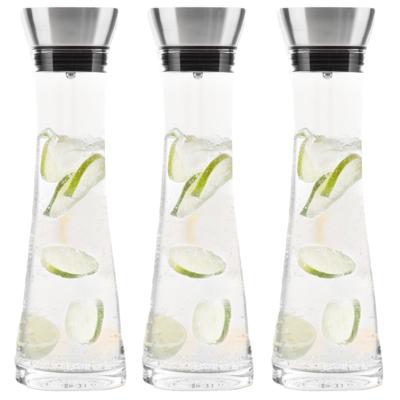 Karaf/schenkkan met filter - Set van 3x stuks - 1 liter - glas - RVS - schenktuit - D10 x H34 cm