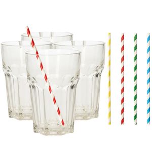 Set van 4x longdrink glazen en 100x duurzame papieren rietjes - 360 ml