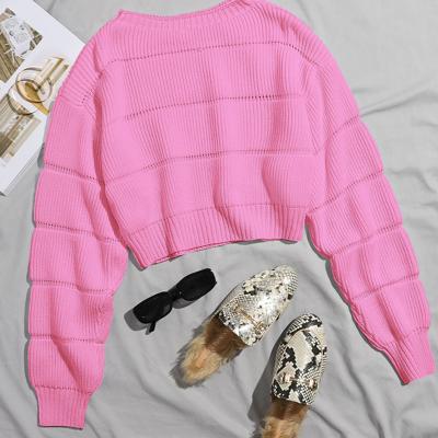 Bon&Bon Hot Pink Ribbed Knit Crop Sweater - Casual Drop Shoulder Pullover Baby Pink / XL