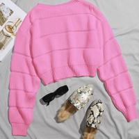 Bon&Bon Hot Pink Ribbed Knit Crop Sweater - Casual Drop Shoulder Pullover Baby Pink / XL