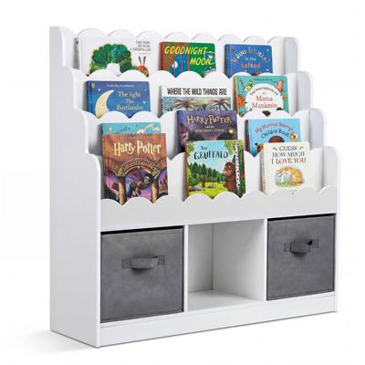 Kinderboekenkast met Vier Planken Voorzien van 3 Open Vakken en 2 Opklapbare Stoffen Lades 90 x 30 x 91,5 cm