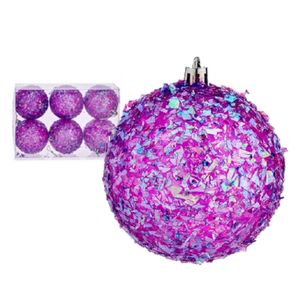 Kerstballen - 6x stuks - paars glitter - kunststof - 8 cm