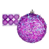 Kerstballen - 6x stuks - paars glitter - kunststof - 8 cm - thumbnail