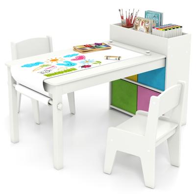 Kindertafel en Stoelenset Tekentafel met 2 Stoelen Papierhouder en Rol 4 Stoffen Bakken Open Planken Activiteitentafel voor de Speelkamer Wit