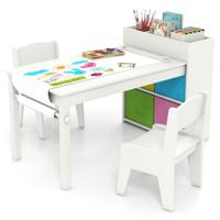 Kindertafel en Stoelenset Tekentafel met 2 Stoelen Papierhouder en Rol 4 Stoffen Bakken Open Planken Activiteitentafel voor de Speelkamer Wit